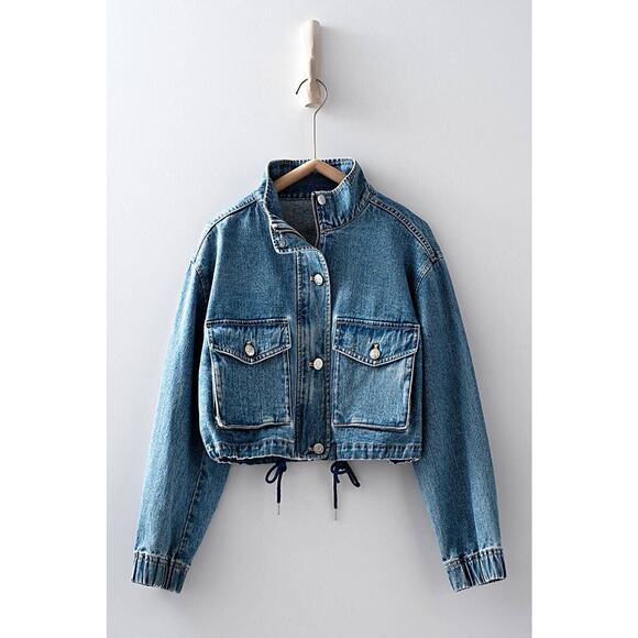 Urban Daizy Utility Cropped Drawstring Hem Stand Collar Denim Jacket - Picture 1 of 16